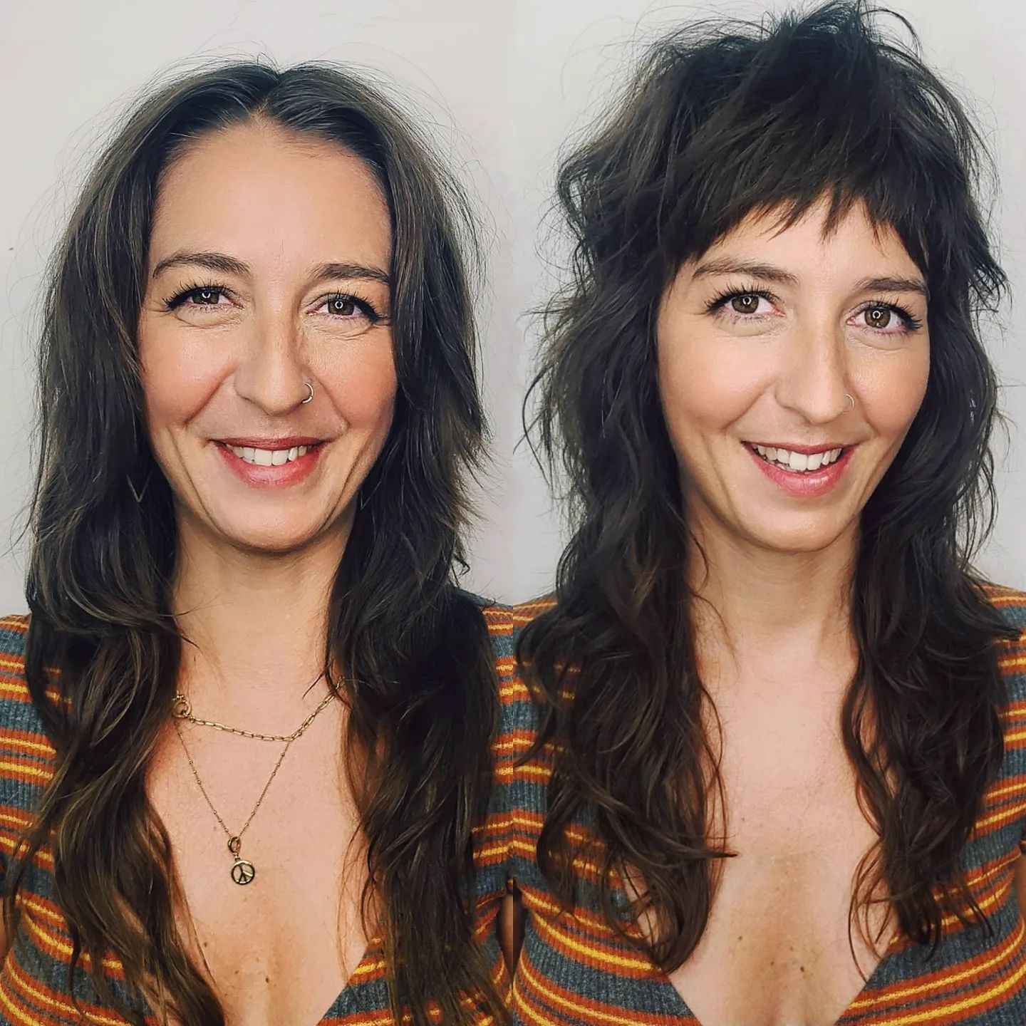 Long Shag with Jagged Bangs Before and After