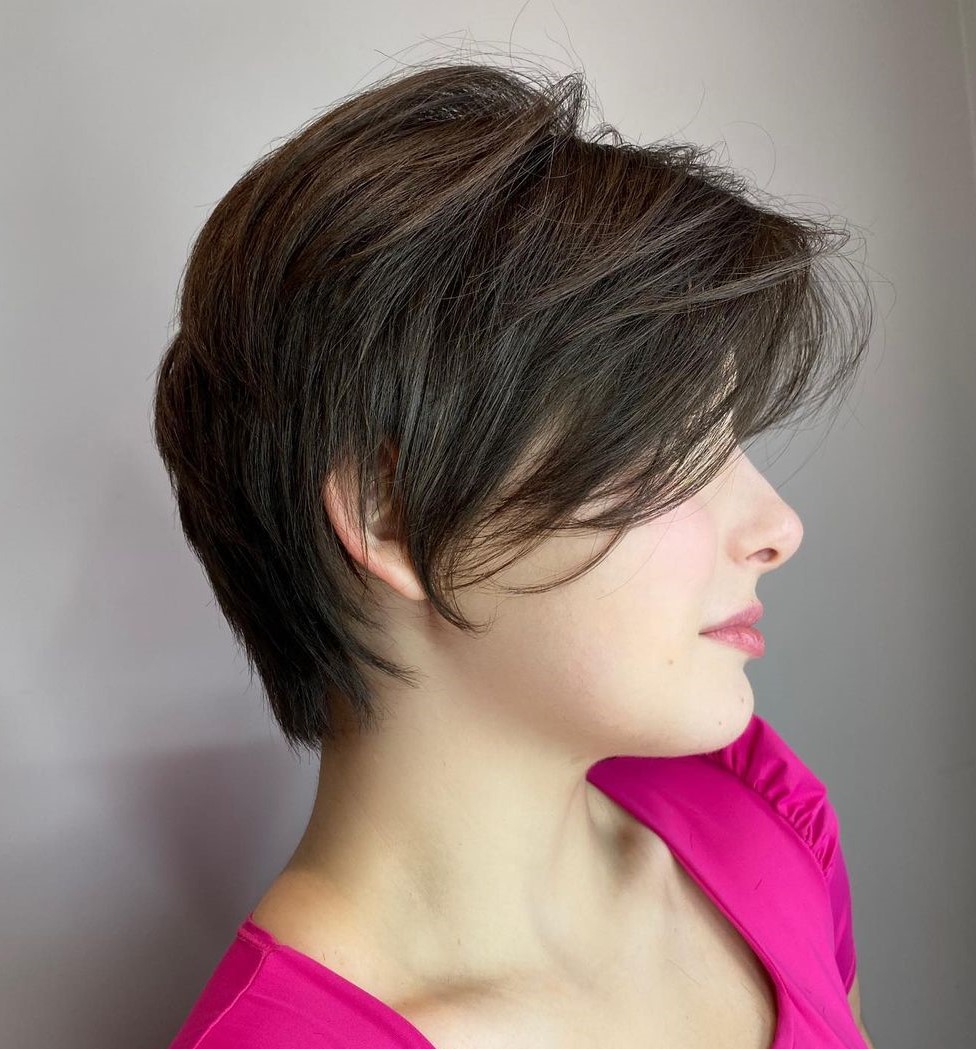 Thick Short Layered Hairstyle with Bangs